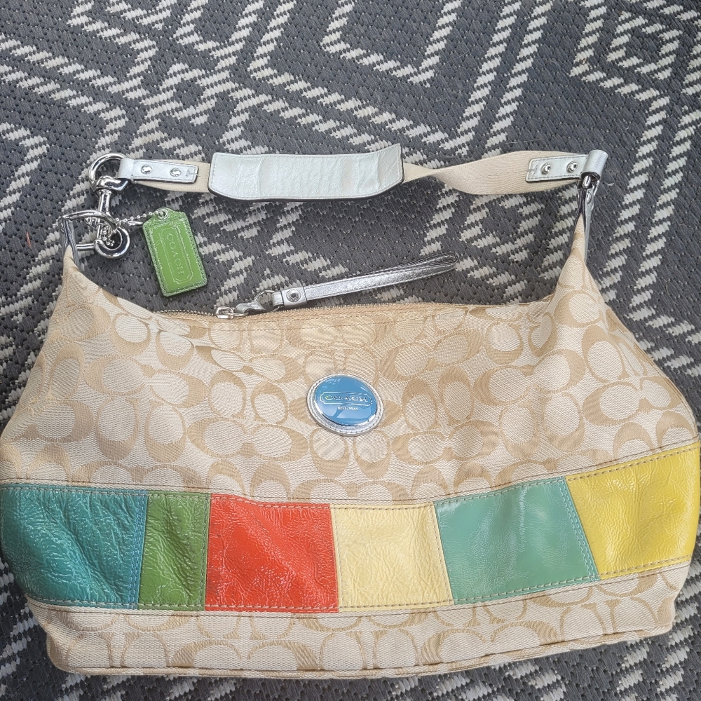 Coach Shoulder Bag Tan Signature "C" Jacquard with leather color block…